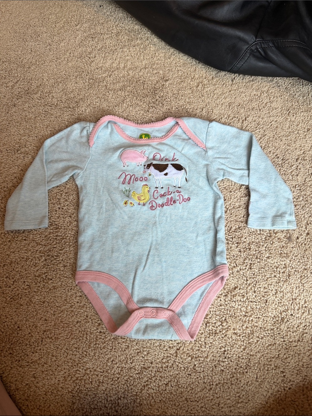 John Deere Light Blue and Pink Farm Applique Long-Sleeve Bodysuit
